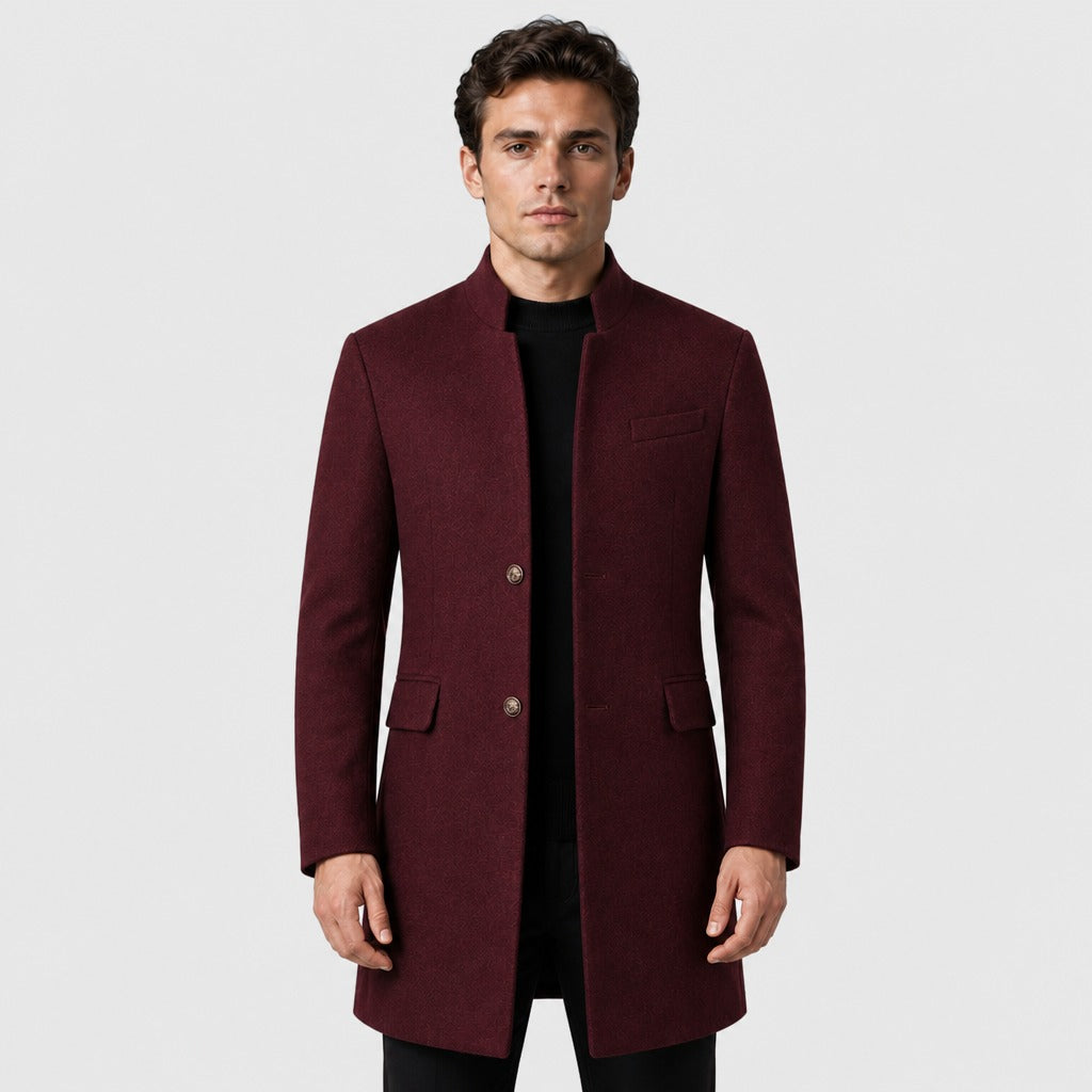 Men’s Wool Blend Lapel Coat with Pockets Burgundy front