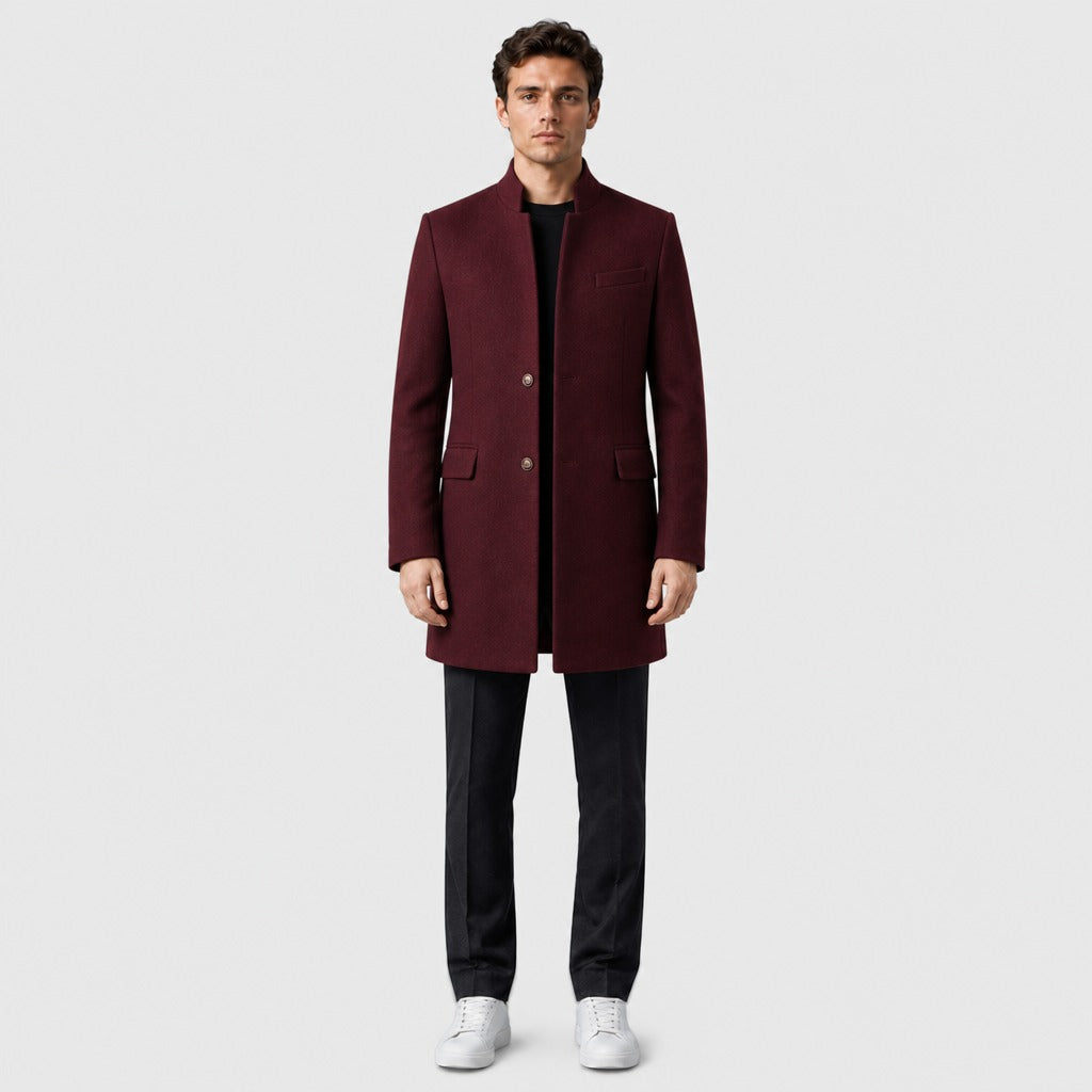 Men’s Wool Blend Lapel Coat with Pockets Burgundy full length