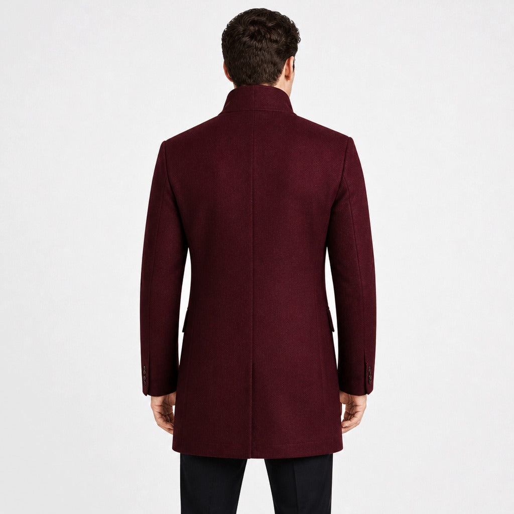 Men’s Wool Blend Lapel Coat with Pockets Burgundy back