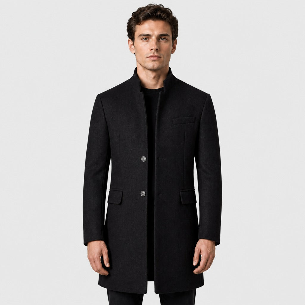 Men’s Wool Blend Lapel Coat with Pockets Black