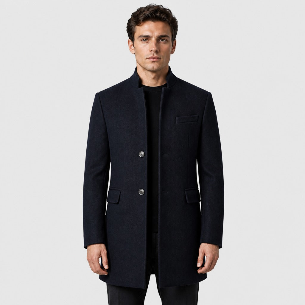 Men’s Wool Blend Lapel Coat with Pockets Navy Blue