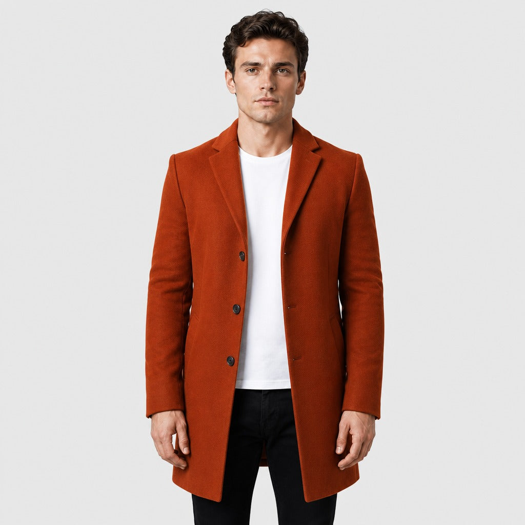 Men’s Wool Blend Longline Coat with Fold Collar Brown front