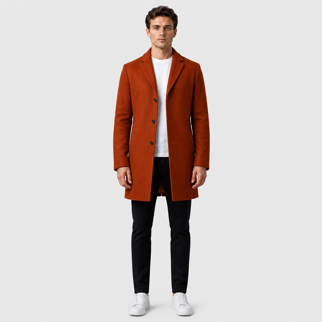 Men’s Wool Blend Longline Coat with Fold Collar Brown full length