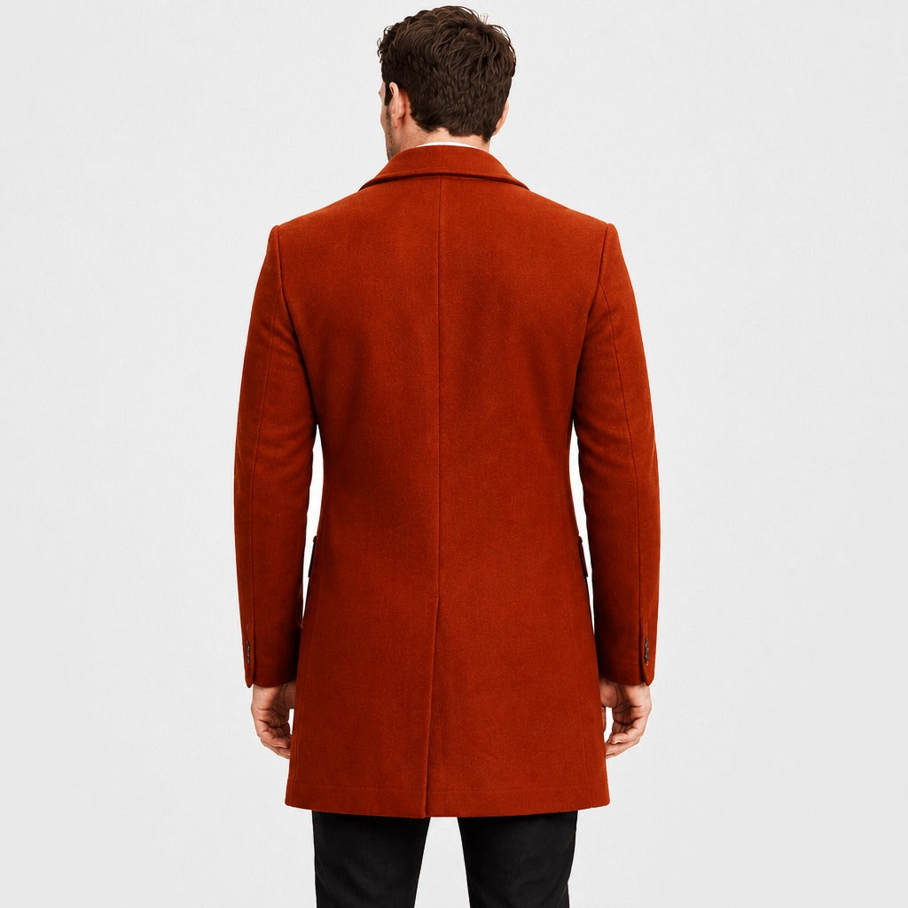 Men’s Wool Blend Longline Coat with Fold Collar Brown back