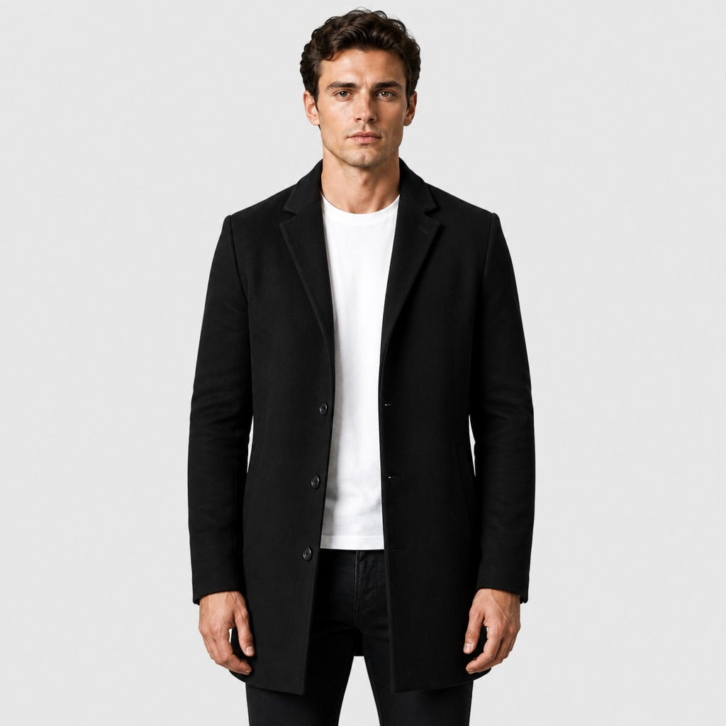 Men’s Wool Blend Longline Coat with Fold Collar Black