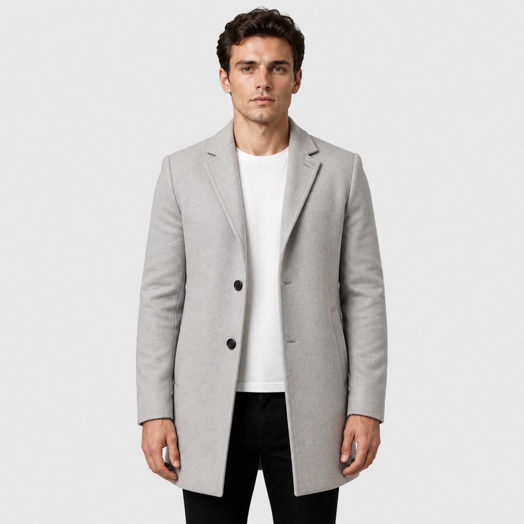 Men’s Wool Blend Longline Coat with Fold Collar Grey