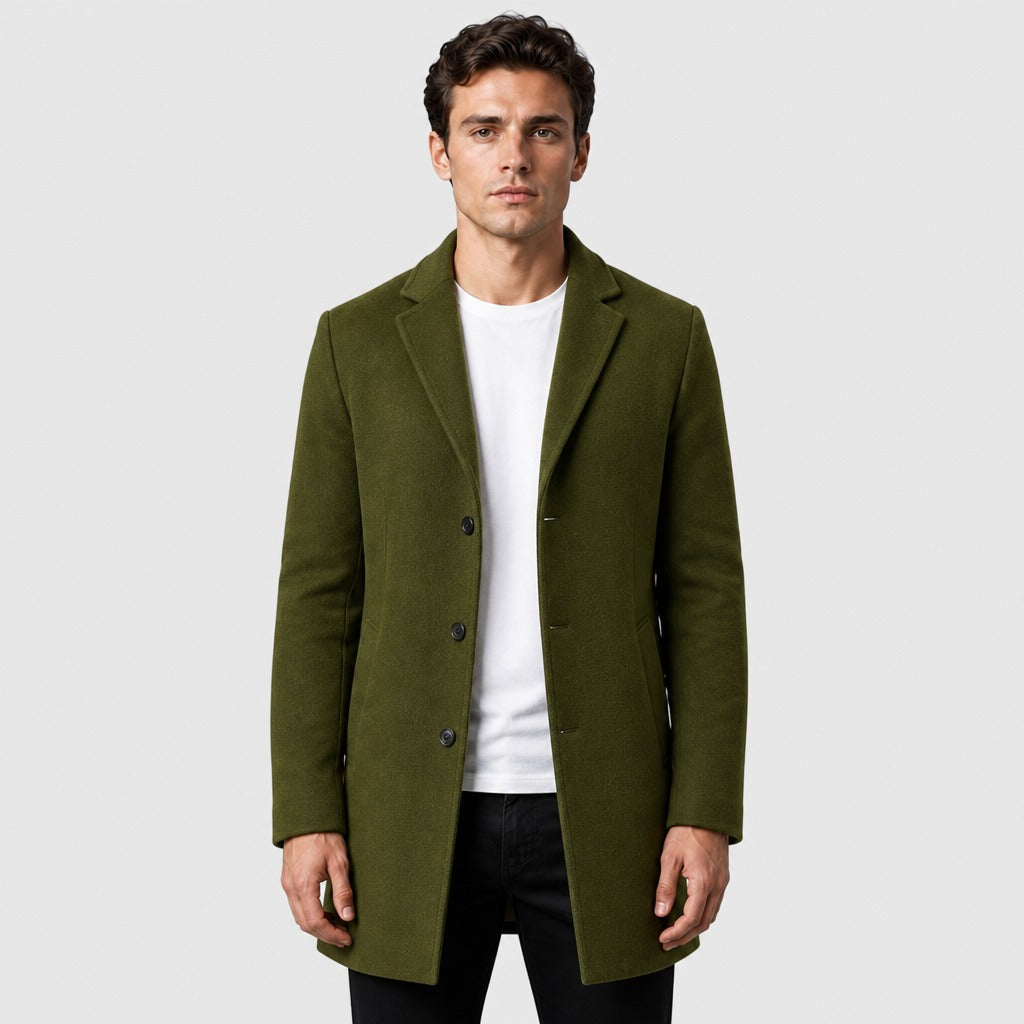 Men’s Wool Blend Longline Coat with Fold Collar Green