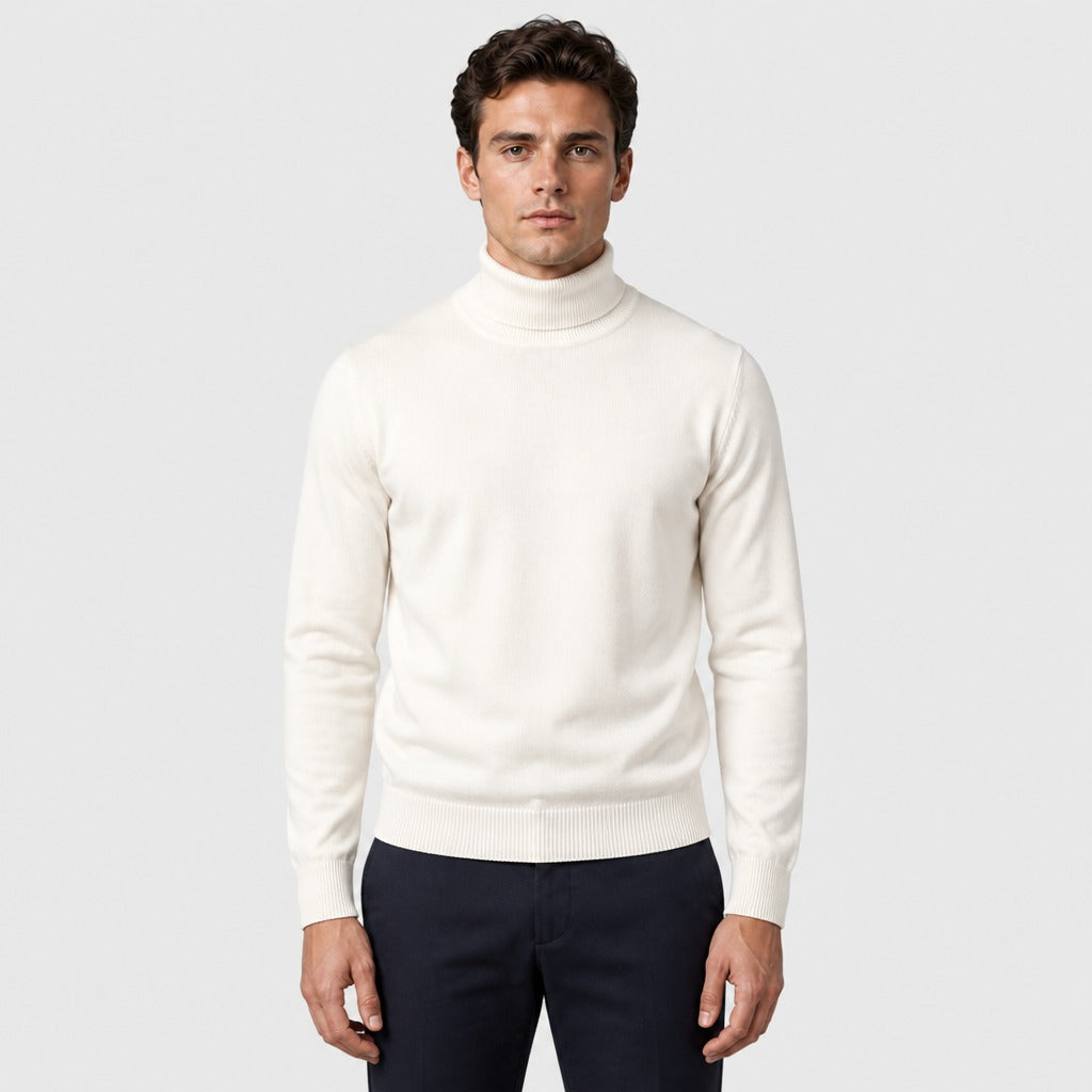 Men’s Wool Blend Polo Neck Jumper with Ribbed Hem White front