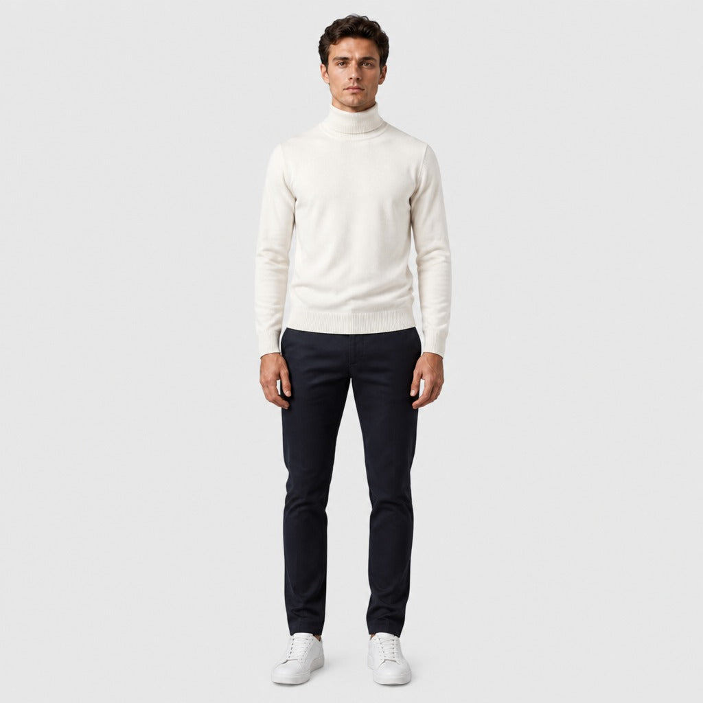 Men’s Wool Blend Polo Neck Jumper with Ribbed Hem White full length