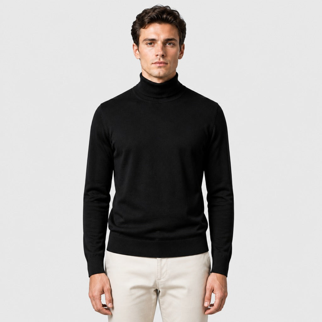 Men’s Wool Blend Polo Neck Jumper with Ribbed Hem Black