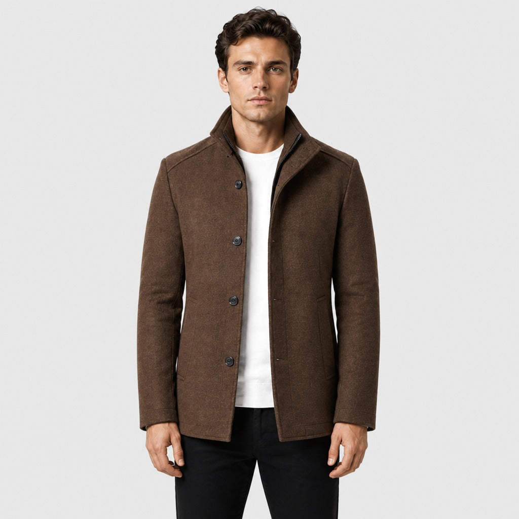 Men’s Wool Blend Stand Collar Jacket Brown front