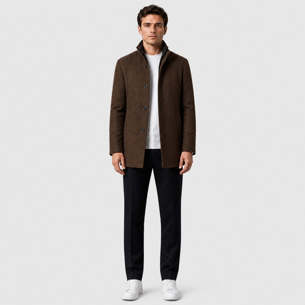 Men’s Wool Blend Stand Collar Jacket Brown full length