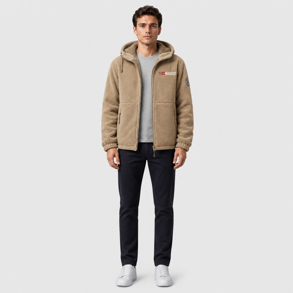 Men’s Zip-Up Hoodie with Cashmere Lining Khaki full length