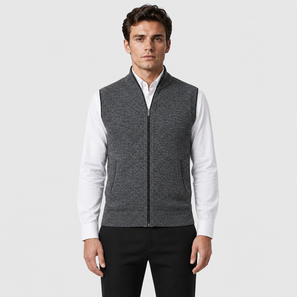 Men’s Zip-Up Knit Waistcoat with Mandarin Collar Dark Grey front