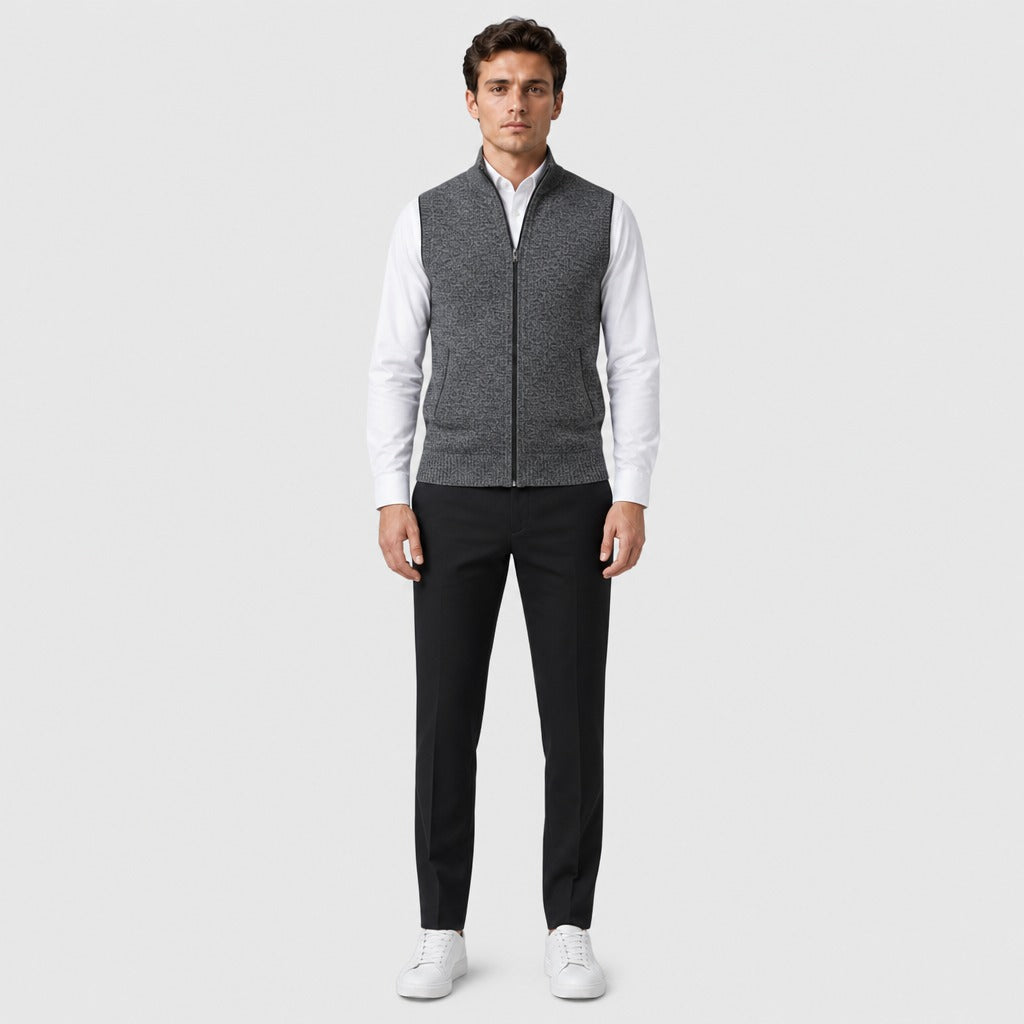 Men’s Zip-Up Knit Waistcoat with Mandarin Collar Dark Grey full length