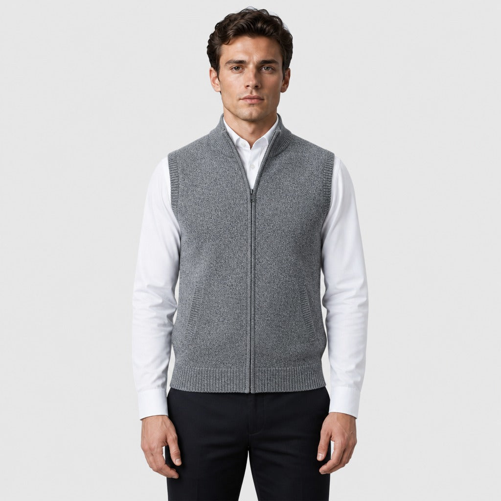 Men’s Zip-Up Knit Waistcoat with Mandarin Collar Light Grey