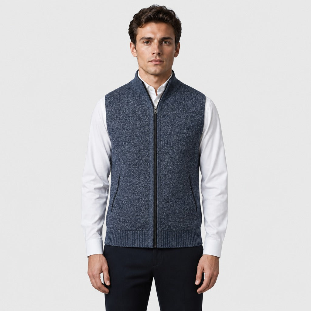 Men’s Zip-Up Knit Waistcoat with Mandarin Collar Blue Grey