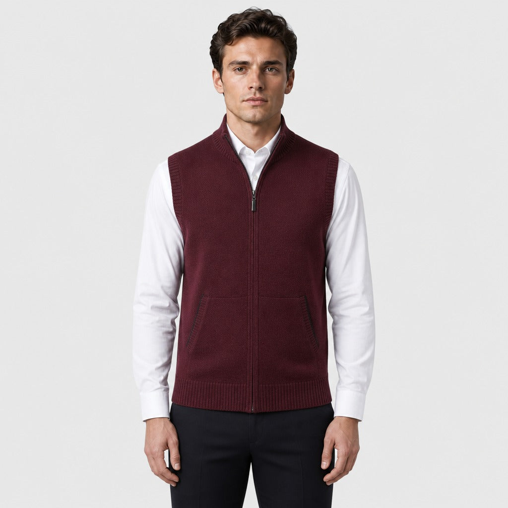Men’s Zip-Up Knit Waistcoat with Mandarin Collar Wine Red