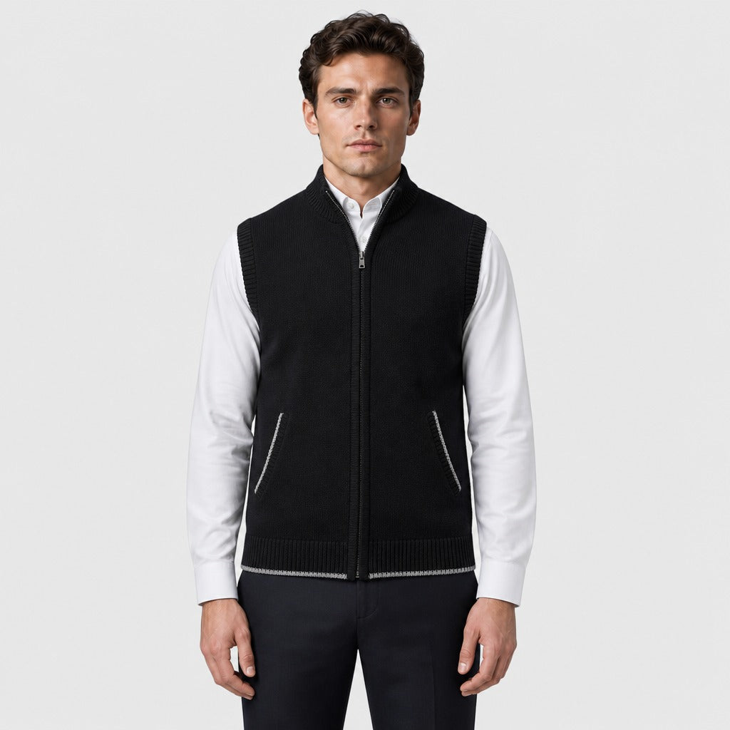 Men’s Zip-Up Knit Waistcoat with Mandarin Collar Black