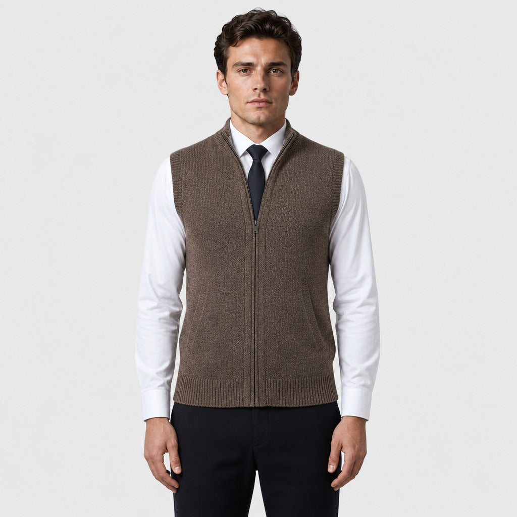 Men’s Zip-Up Knit Waistcoat with Mandarin Collar Brown