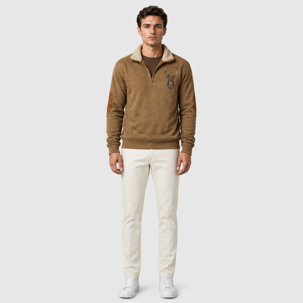 Men’s Zip-Up Sweatshirt with Turn-Down Collar Brown full length